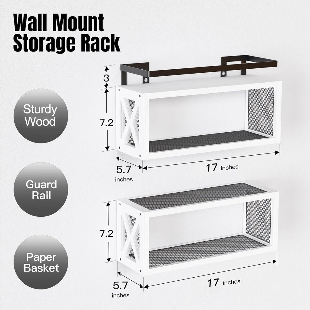 RICHER HOUSE Floating Shelves - Rustic Wall Décor with Guardrail for Bathroom & Kitchen | White