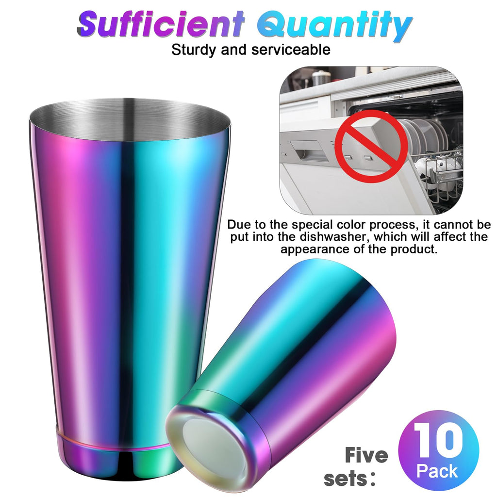 Lallisa 10 Pieces Cocktail Shakers Professional Bar Boston Shaker Set Stainless Steel Martini Shaker Drink Mixer Basic Tools Weighted Shake Metal Can for Bartenders, 18 Oz, 28 oz (Rainbow)