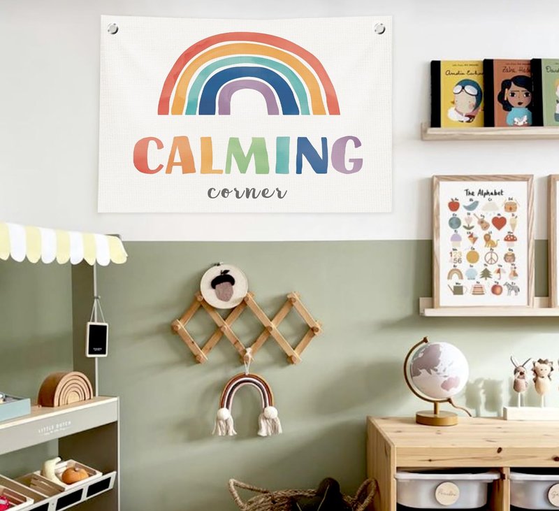 ICEWHITEY Calming Corner Wall Decor for Classroom,Calm Down Corner Supplies,Boho Classroom Rainbow Calming Corner Must Haves Canvas Banner Flags for HomeSchool Library Kindergarten Kids Room,30x20 Inch