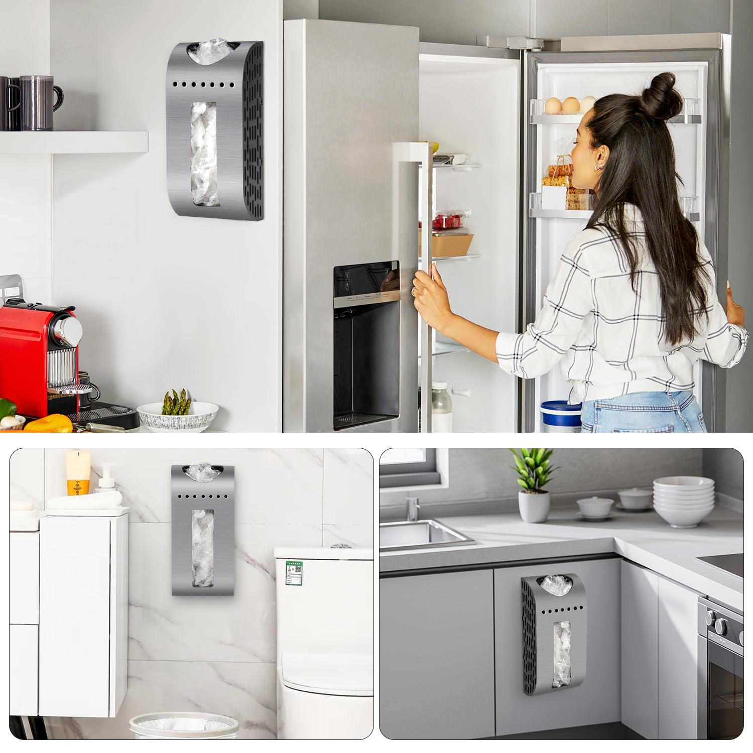 LEWONO Grocery Bag Holder Wall Mount Plastic Bag Dispenser Space Saving Brushed Silver Garbage Bag Holder for Cabinet, Cupboard, Pantry, Anti-Fingerprints Design