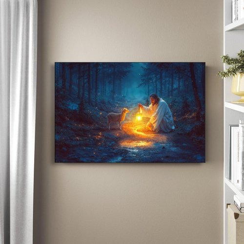 Christian Wall Art | Jesus and Lamb Canvas Decor - Prayer Room Serenity Prayer (24" x 16")