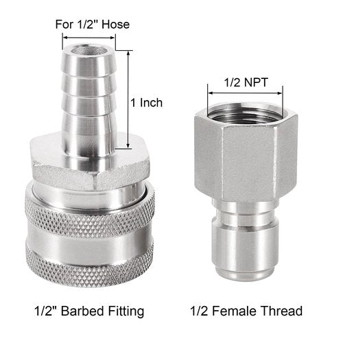 MRbrew Quick Disconnect Set, 304 Stainless Steel 1/2 FPT Female Thread Disconnect 1/2'' Male Barb Brewing Connector Kit Quick Disconnect for Ball Valve & Wort Beer Pumps & Wort Chiller Hose Fitting