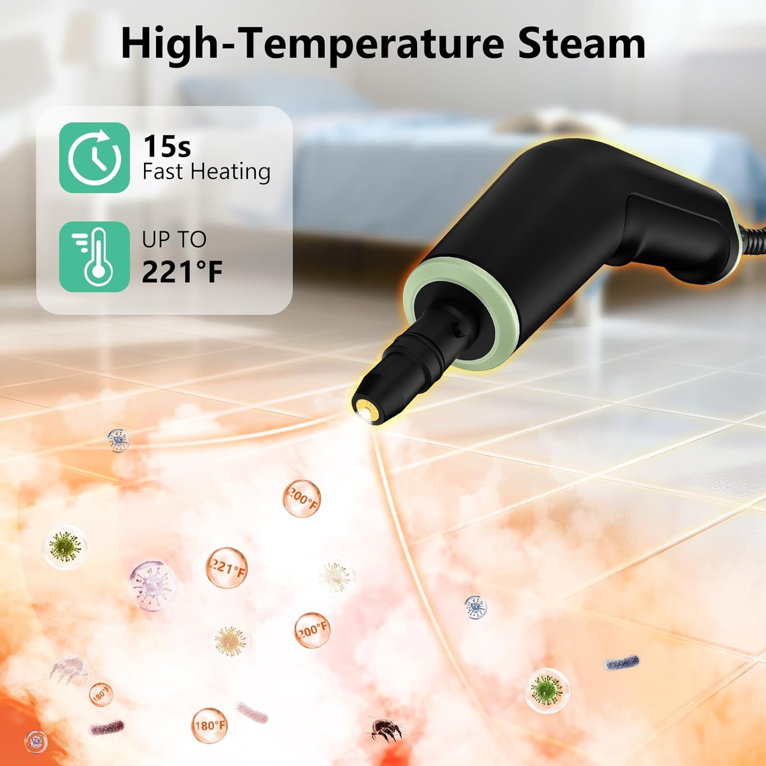Portable Steam Cleaner by [Brand Name] - 16-Piece Accessory Set | 6-Level Adjustable Heat, Fast 15s Heat-Up for Home & Car Detailing