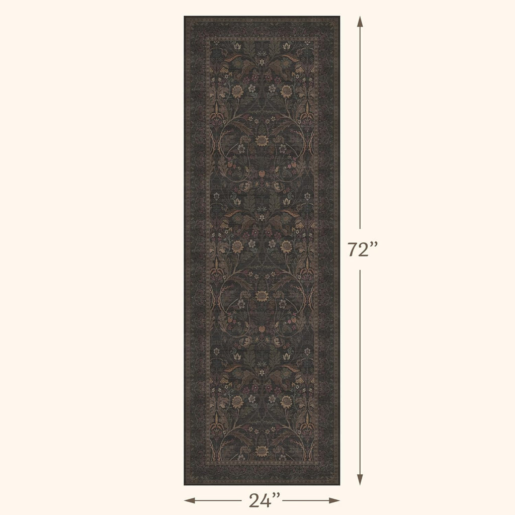 Regine Switzerland Washable 2x6 Kitchen Runner Rug - Non-Slip Dark Brown Floral Design for Farmhouse & Cabin