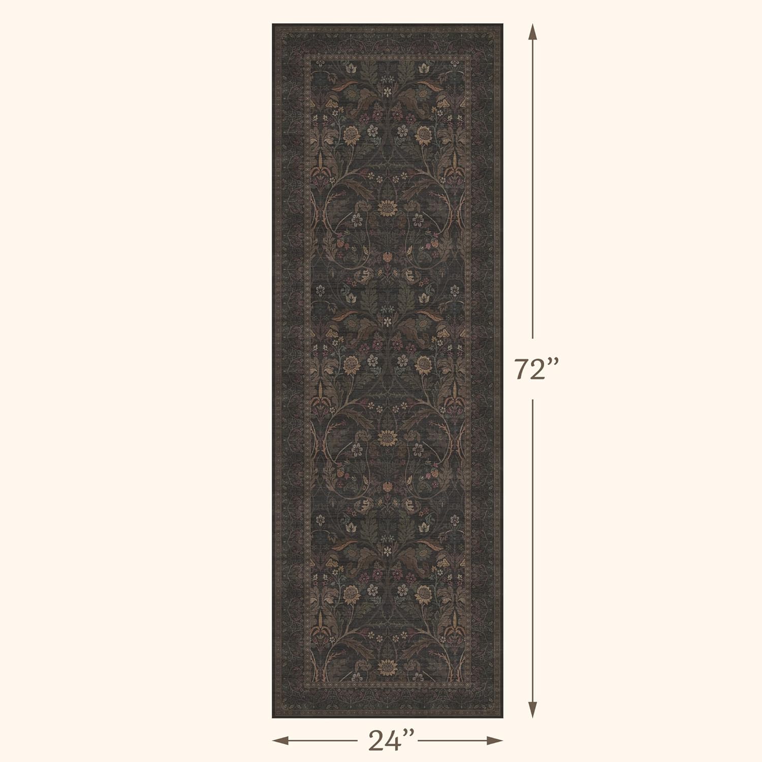 Regine Switzerland Washable 2x6 Kitchen Runner Rug - Non-Slip Dark Brown Floral Design for Farmhouse & Cabin