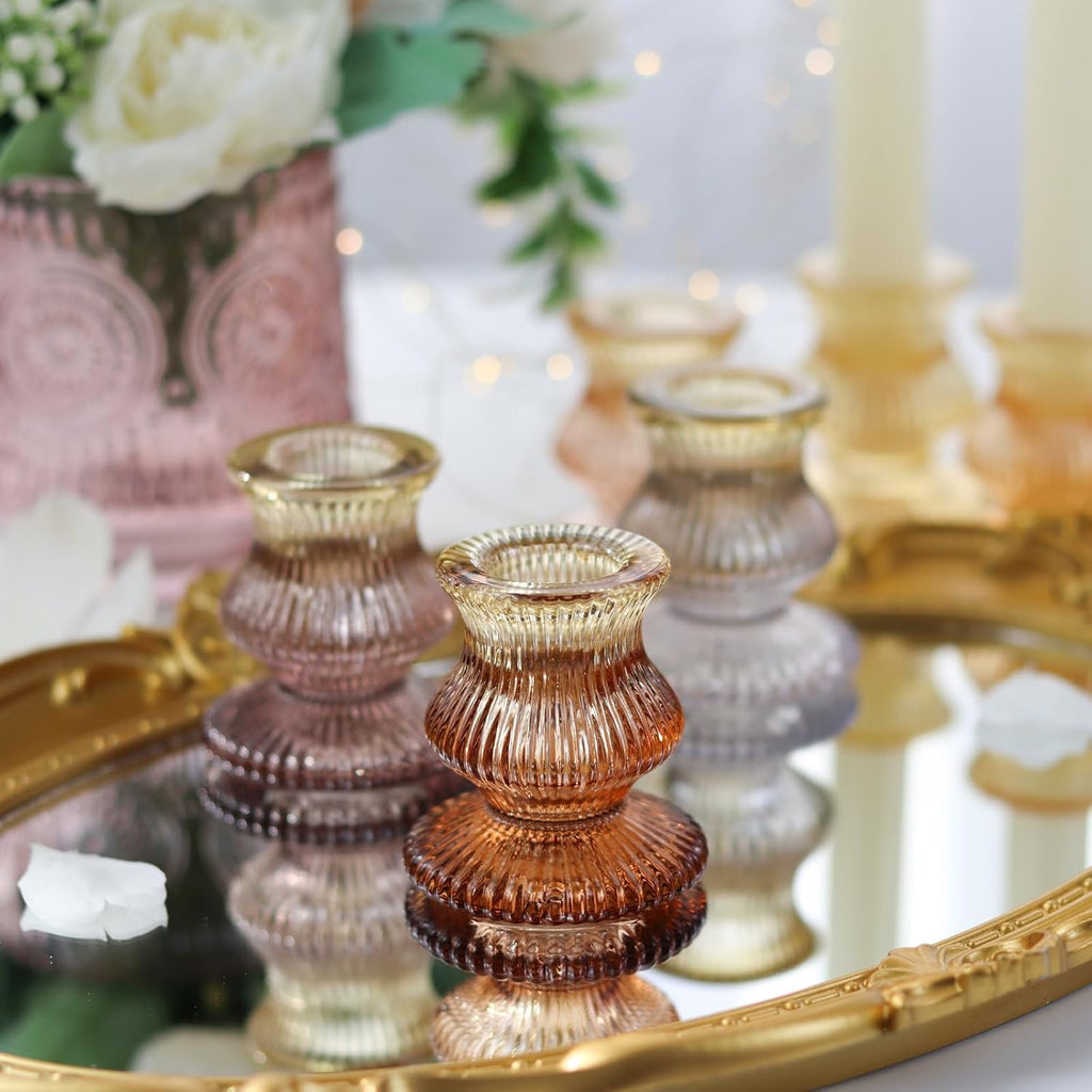 WDHODEC Orange Candlestick Holders - 12PCS Glass Taper Holders for Colorful Table Centerpieces