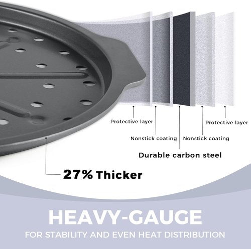 HONGBAKE 12-Inch Nonstick Pizza Pan - 2 Pack with Holes & Widened Handles for Perfect Crusts | Grey