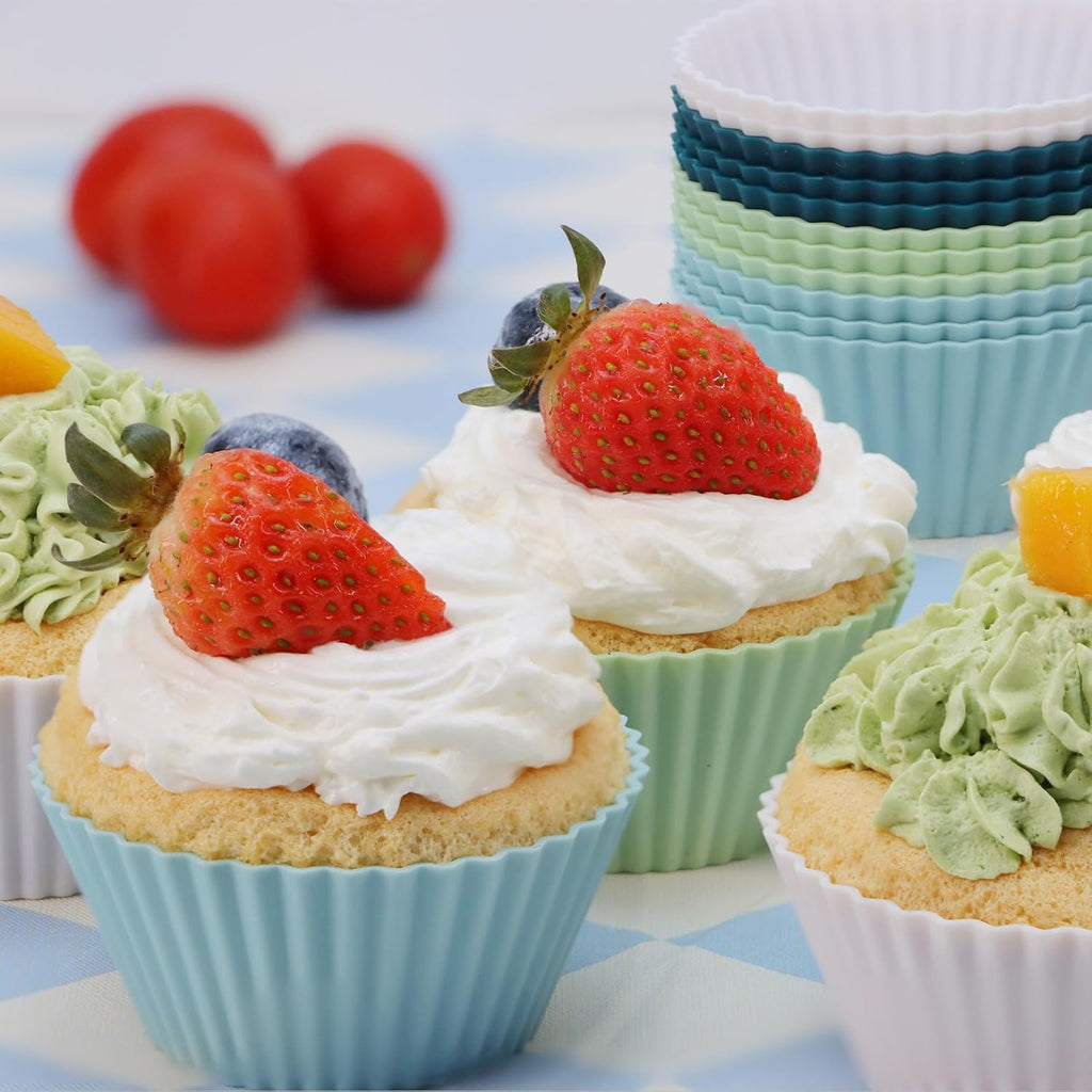 Skiennix Silicone Baking Muffin Cups - 12 Pack Reusable Cupcake Liners | BPA Free, Dishwasher Safe (White, Green, Navy, Dusty Blue)