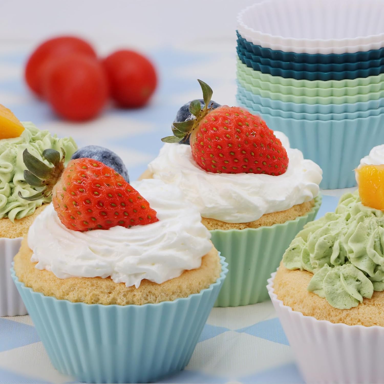 Skiennix Silicone Baking Muffin Cups - 12 Pack Reusable Cupcake Liners | BPA Free, Dishwasher Safe (White, Green, Navy, Dusty Blue)
