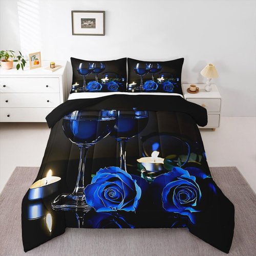 Girly 3D Rose Queen Comforter Set for Teens Rose Floral Wine Glass Bedding Sets Bedroom Decor Blue Flowers Down Comforter Couple Valentine's Day Duvet Insert Black Grey Quilted Comforter, 3Pcs