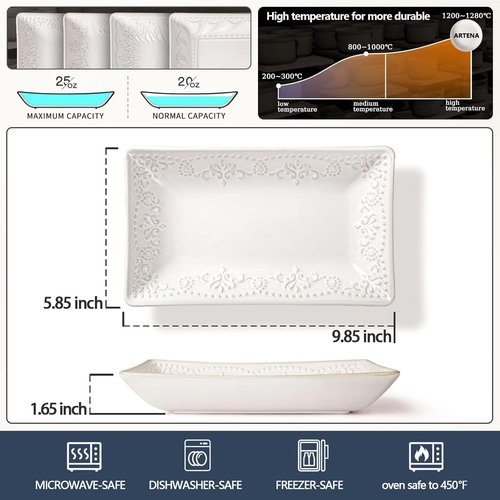 Artena Ceramic Rectangle Plates Set of 4 - Deep Lipped Edges for Appetizers, Sushi & Pasta | Microwave & Oven Safe