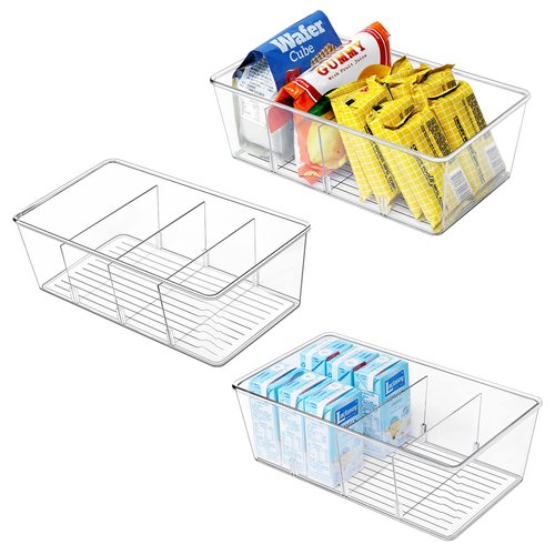 wilfox Pantry Organization, 3 Pack Clear Organizer Bins with Removable Dividers for Pantry, Kitchen, Fridge, Cabinet, Stackable Storage Bins for Snack, Pouches, Spice Packets