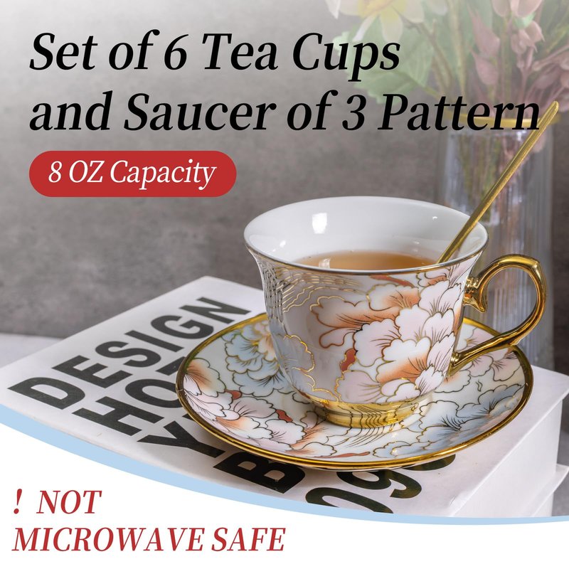 8 OZ Tea Cups and Saucers, 18 PCS Ceramic Vintage Tea Cups Set of 6, Blue Floral Cup Bulk for Cappuccino Coffee Espresso Lattes Afternoon Tea Housewarming Party Supply Thanksgiving Christmas Gifts