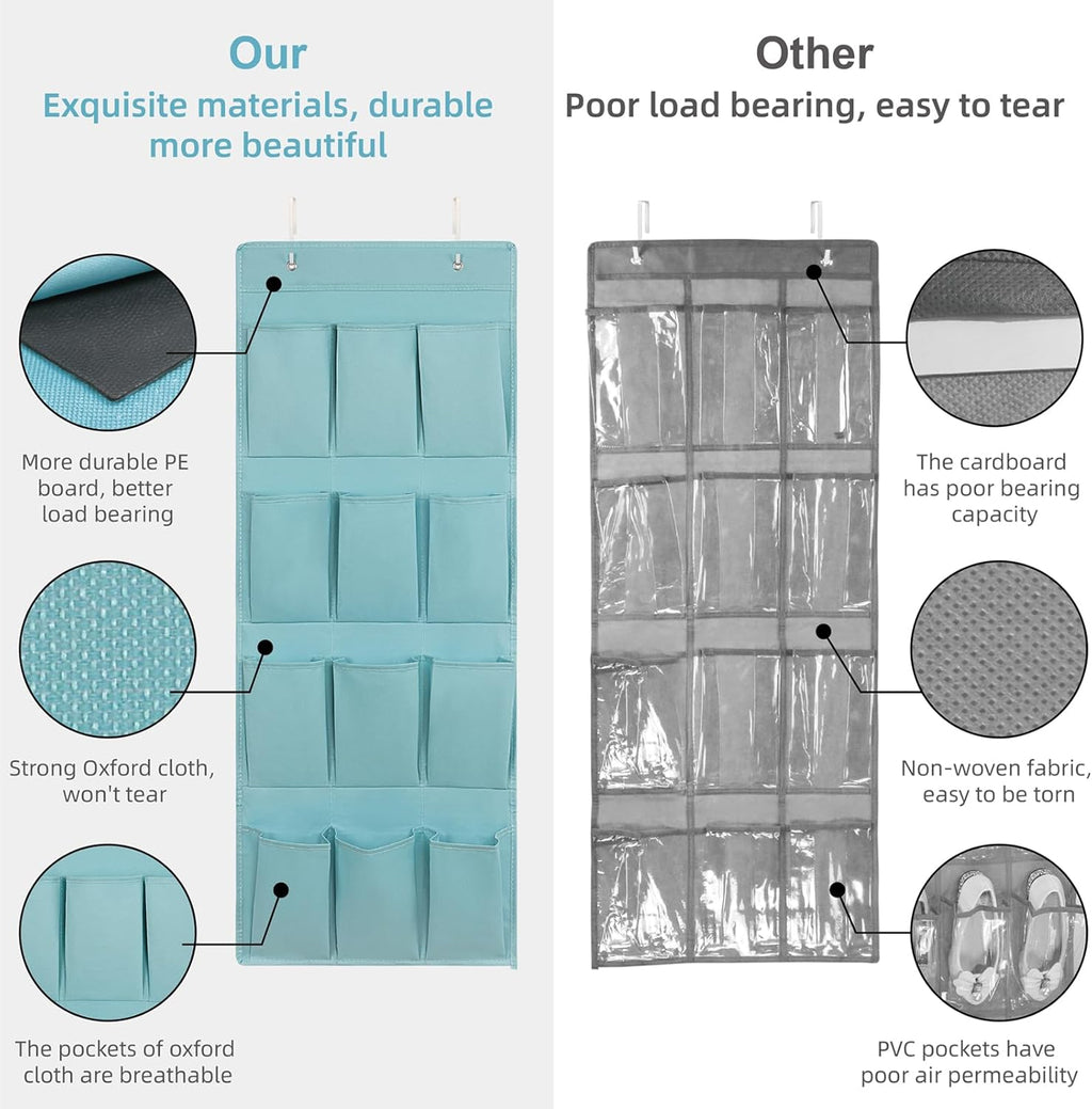 Skiennix Over The Door Shoe Organizer - 12 Large Pocket Hanging Rack for Closet Storage | Light Blue