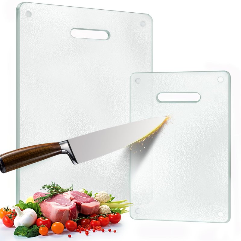 Tempered Glass Cutting Board for Kitchen, 2PCS Clear Chopping Board with Handle (16"x12" & 12"x8"), Plastic Free, Scratch Resistant, Heat Resistant, Dishwasher Safe, Non-toxic, Easy to Clean