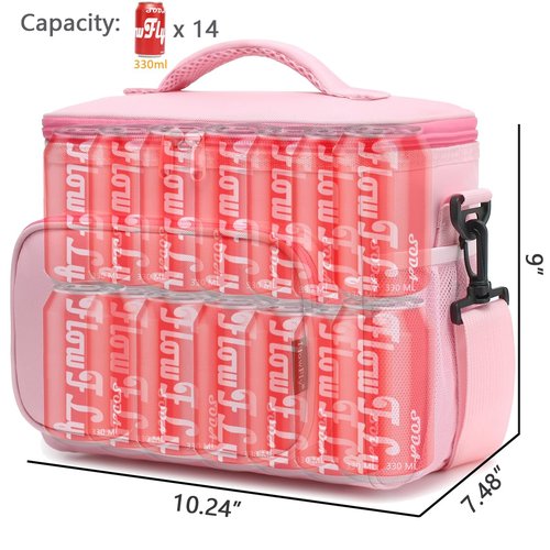 FlowFly Insulated Reusable Lunch Bag Adult Large Lunch Box for Women and Men with Adjustable Shoulder Strap,Front Zipper Pocket and Dual Large Mesh Side Pockets,Pink