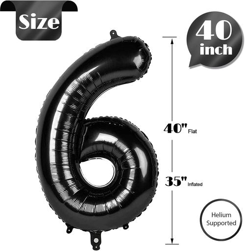 IWERP Black 40-Inch Number Balloon - 6th Birthday Decorations with Gold Accents | Reusable & Self-Sealing