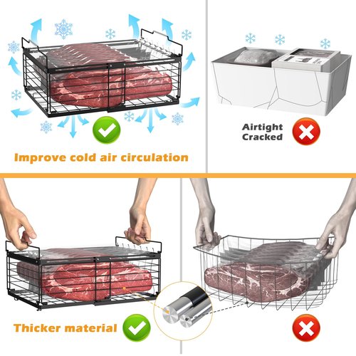 NADAMOO Freezer Organizer Bins, 4 Packs Large Expandable Stackable Chest Freezer Containers with Handle, Metal Adjustable Storage Baskets for Fridge, Deep Freezer, Cabinet, Kitchen, Pantry - Black
