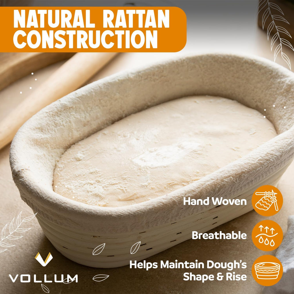 Vollum Banneton Sourdough Proofing Basket - Handwoven Rattan Cane for Artisan Breads | 8.5 x 3 In, 1-Pound Round