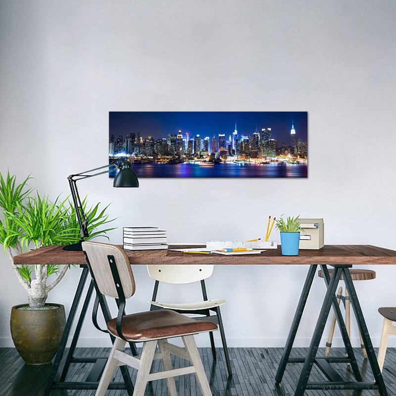 Biuteawal New York Wall Art Living Room Decor Beautiful Manhattan City Skyline Night Light Photo Poster Prints on Canvas Blue Cityscape Picture for Home Office Bedroom Decoration Ready to Hang