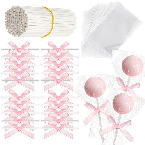Honoson 50 Sets Cake Pop Sticks and Wrappers Kit with Clear Cake Pop Bags, 6 Inch Paper Lollipop Sticks and Bows for Cakepops, Candy and Chocolate, Valentine’s Day, Wedding and Party Favors (Pink)