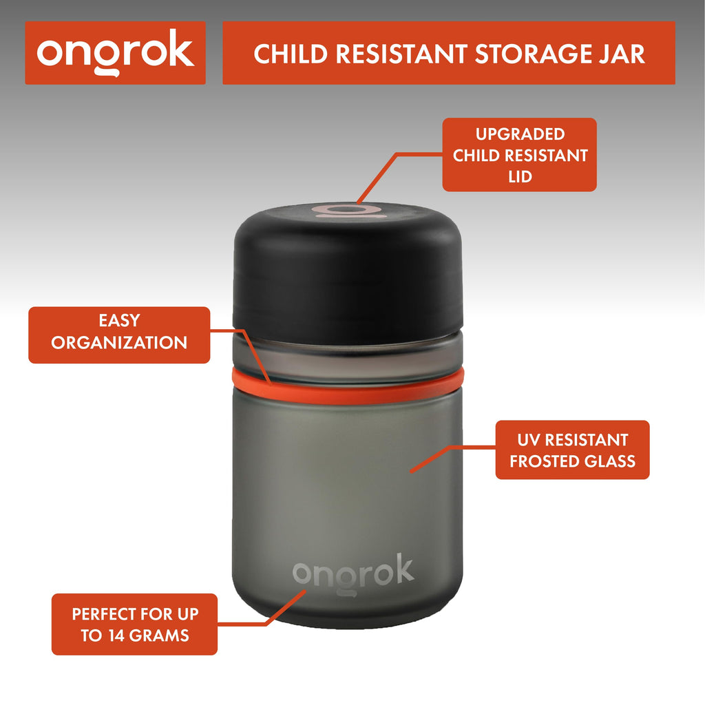 ONGROK Glass Storage Jar, 180ml, 3 Pack | UV Herb/Spice Jar with Child‑Resistant Lid, Color‑Coded Glass Containers to Preserve Smell and Aroma