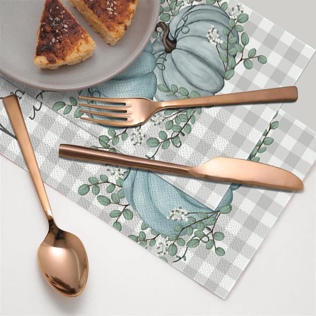 Horaldaily 100 Fall Disposable Paper Decorative Guest Napkins, Thanksgiving Buffalo Plaid Blue Pumpkin Hand Towel for Party Lunch Dinner Kitchen Bathroom