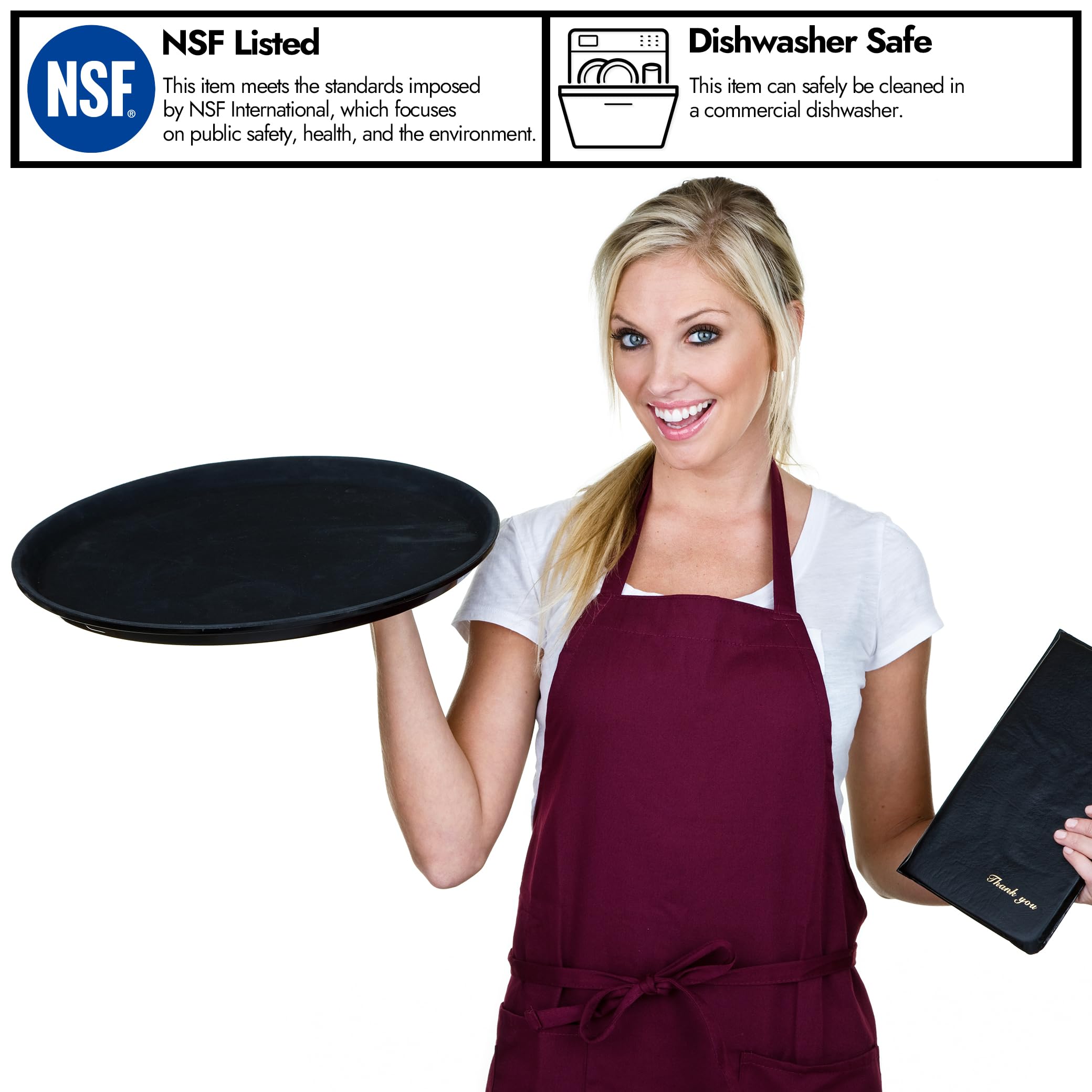 CURTA 2-Pack Restaurant Grade Non-Slip Tray, NSF, Oval 22-Inch x 27-Inch, Plastic Rubber Lined Round Serving Tray, Black