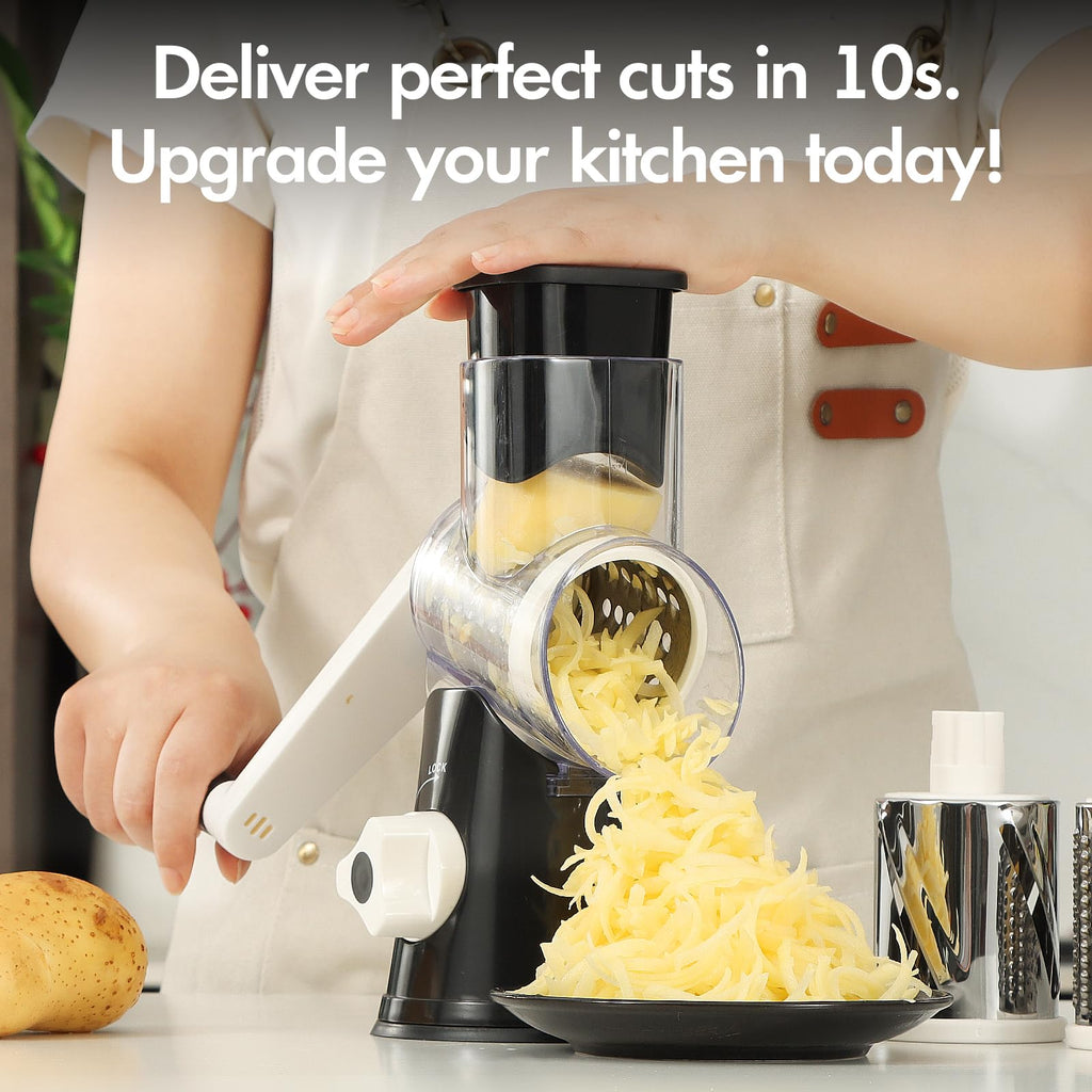 Ancevsk Cheese Grater Hand Crank, Rotary Vegetable Shredder with Handle and Strong Suction base, 3 in 1 Kitchen Speed Spin Veggie Slicer Nut Grinder for Pizza Top, Hash brown, Salad and More (Black)