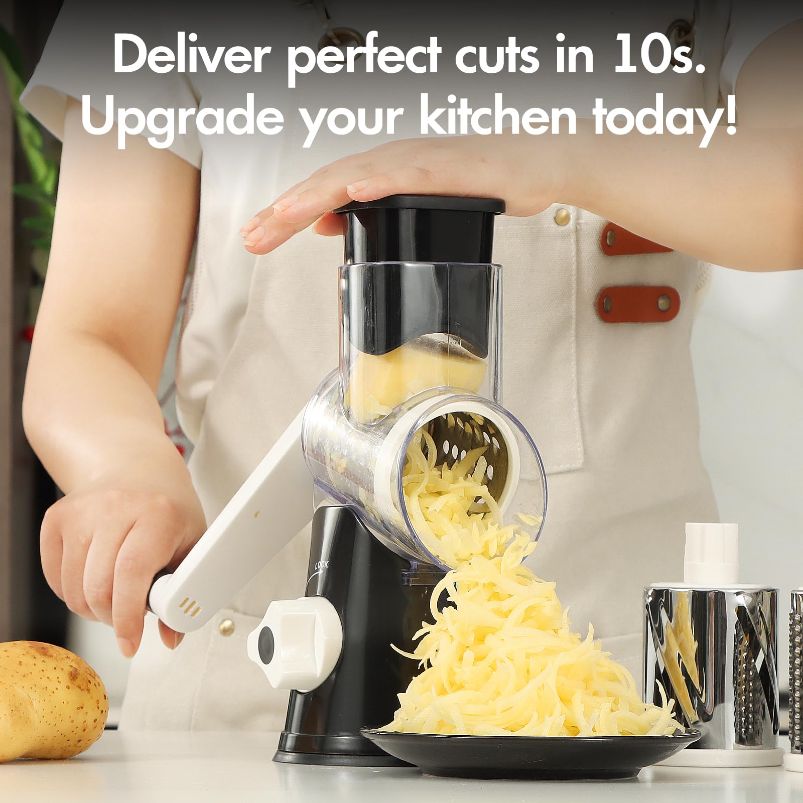 Ancevsk Cheese Grater Hand Crank, Rotary Vegetable Shredder with Handle and Strong Suction base, 3 in 1 Kitchen Speed Spin Veggie Slicer Nut Grinder for Pizza Top, Hash brown, Salad and More (Black)