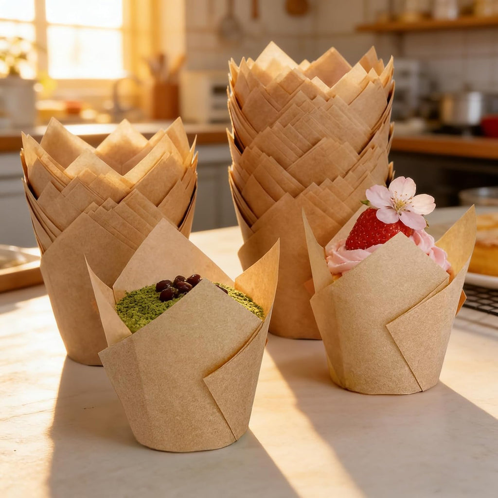 Skiennix Tulip Cupcake Liners - 250 Pcs Parchment Paper Muffin Liners for Baking | Natural Color