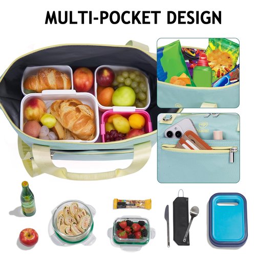 Lunch Bag for Women Adults, Large Insulated Lunch Bag with Zipper and Strap, Durable & Reusable Large Lunch Tote Bags for School, Work, Travel, Picnic Outdoor and Beach (Cyan)