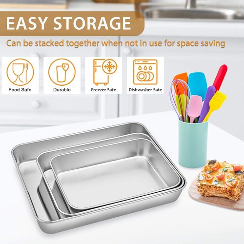 E-far Baking Pans Set - 3-Piece Stainless Steel Bakeware with Cookie Sheet & Cake Pan | Non-Toxic, Dishwasher Safe