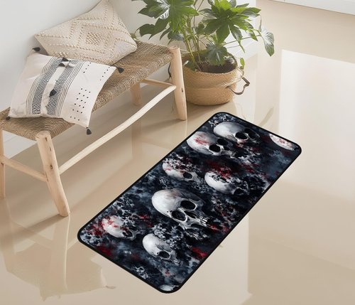 Decorative Laundry Room Floor Mat Skull Non-Slip Washable Farmhouse Kitchen Rug 48"x20" Halloween Rugs