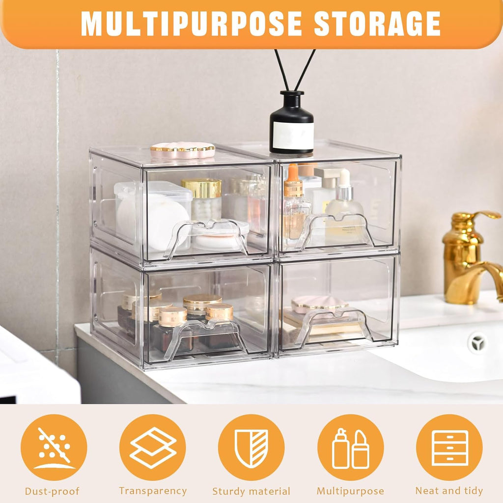 Stebopum Stackable Makeup Organizer - 6 Pack Clear Acrylic Storage Bins with Pull-Out Handle | 4.4'' Tall for Vanity, Kitchen, and More
