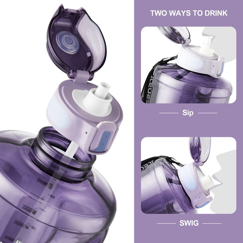 TKK Half Gallon Water Bottle Jug with Straw Time Marker Big Water Bottle Dishwasher Safe 1/2 Gallon 64 Oz Water Jug BPA Free Tritan for Gym Yoga Travel Camping Outdoor，Purple