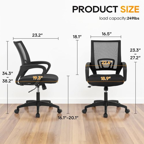 BestOffice Ergonomic Office Chair - Mid-Back Swivel Design with Breathable Backrest & Lumbar Support | Adjustable Height & Rolling Wheels | Dark Black for Adults & Women