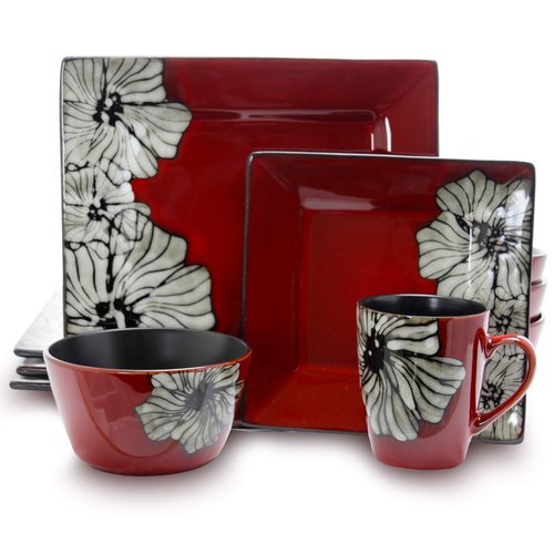 Elama's Luxurious Red Winter Bloom 16 Piece Dinnerware Set with Complete Settign for 4