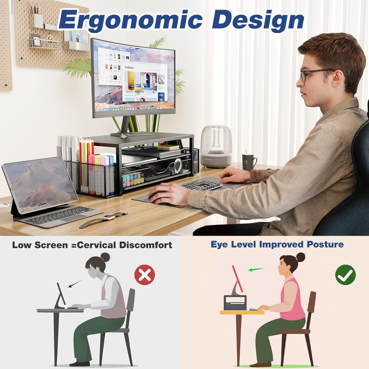 OPNICE Desk Organizer - 2-Tier Monitor Stand Riser with Drawer & Pen Holders | Black Office Accessories