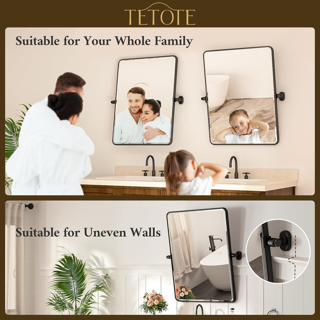 TETOTE Pivot Mirror - 20 x 30 Matte Black Rectangle Vanity Mirror | Adjustable Tilting Beveled Glass