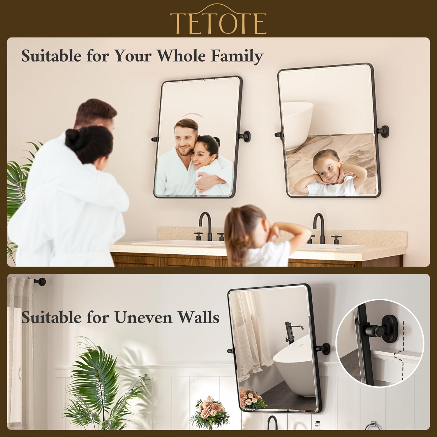 TETOTE Pivot Mirror - 20 x 30 Matte Black Rectangle Vanity Mirror | Adjustable Tilting Beveled Glass