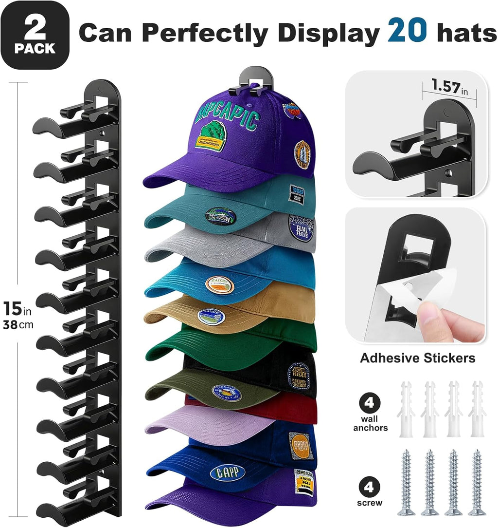 Skiennix Hat Organizer - Wall-Mounted Rack Holds Up to 20 Baseball Caps | Strong Adhesive & Screws, Black