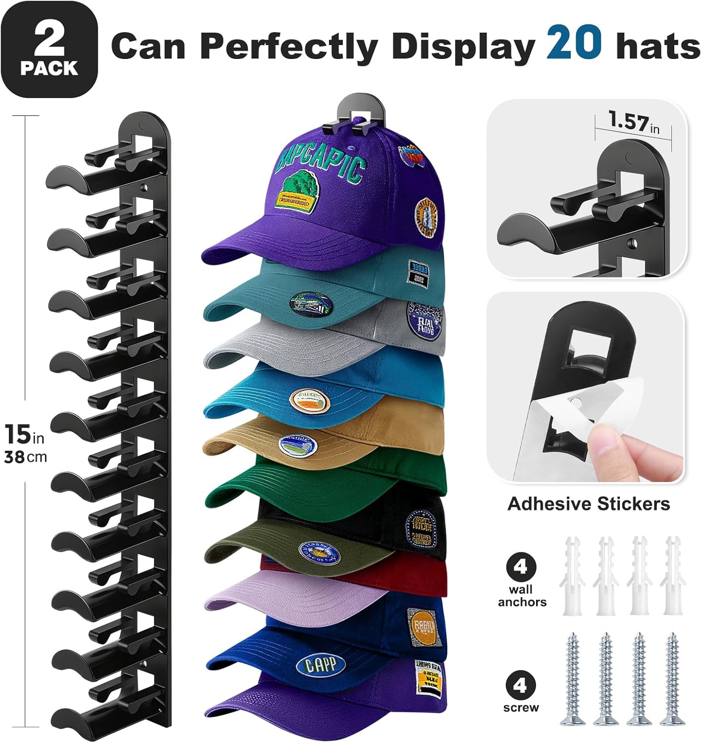 Skiennix Hat Organizer - Wall-Mounted Rack Holds Up to 20 Baseball Caps | Strong Adhesive & Screws, Black