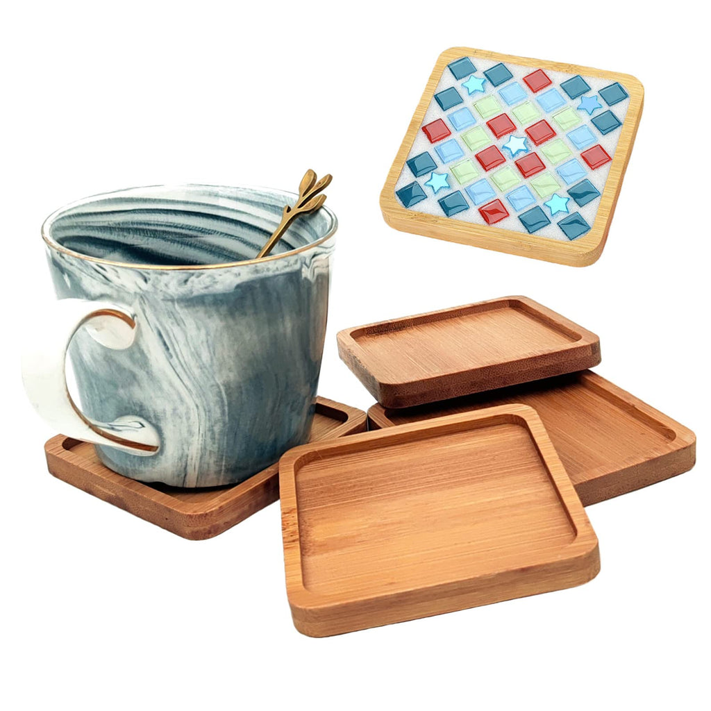 4PCS Mosaic Bamboo Coasters for Crafts, Blank Base Trays, Drinking Cup Coaster, Plant Coaster, Art Plate,DIY Mosaic Supplies (Square)