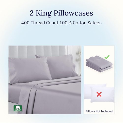 California Design Den King Size Pillowcase Set - 400 Thread Count 100% Cotton Sateen - Soft Dusky Lavender Grey (Set of 2)