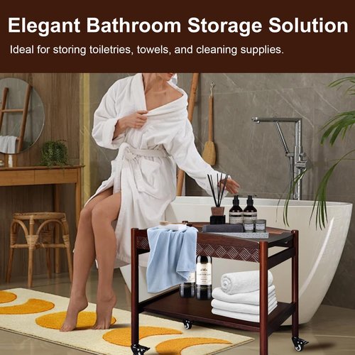 MinBoo Wooden Sofa Side Table with Wheels, 2-Tier Rolling Tea Cart and Coffee Cart, Mobile Storage Cart with Drawers for Kitchen, Bedroom, Office, Home Bar, and Pantry Organization