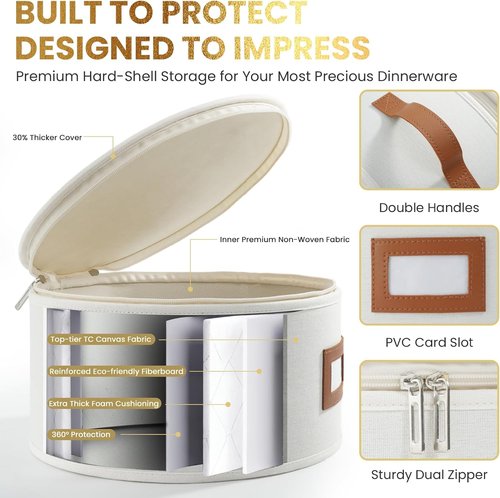 HOMELUX THEORY Hard Shell Storage Containers - 8pc Ivory Mug & Plate Boxes with Lids for Kitchen Organization