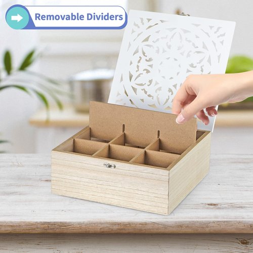 MOLIGOU Wood Tea Bag Organizer, 9 Compartment Tea Storage Box with Floral Pattern Lid, Tea Holder Box for Cabinet, Pantry