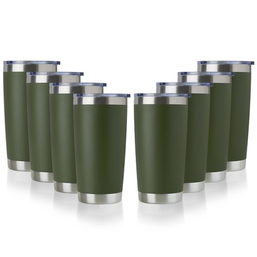 DOMICARE 20oz Stainless Steel Tumbler Bulk with Lid, Double Wall Vacuum Insulated Travel Mug, Powder Coated Coffee Cup, Army Green, 8 Pack