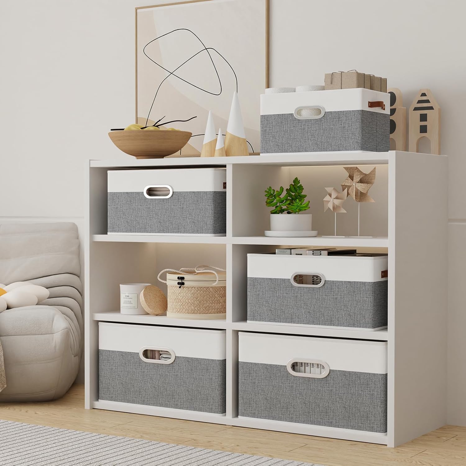 Yawinhe Fabric Storage Baskets - Foldable Closet Organizer with 3 Handles | Large Canvas Bins, White/Grey, 4-Pack (12.99''L x 9.05''W x 7.87''H)